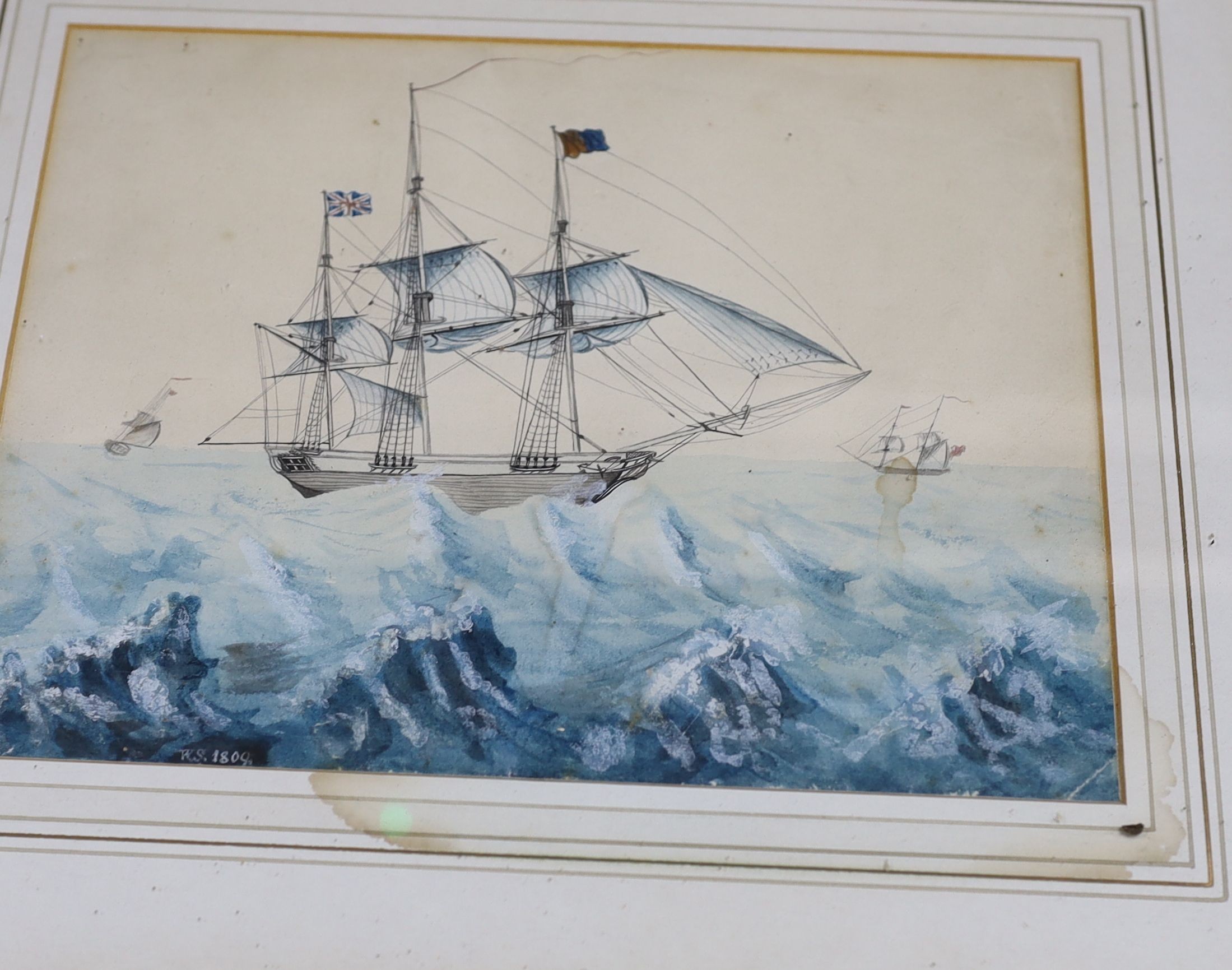 A small collection of Marine pictures including watercolour vignettes of an 18th century warship and earlier 20th century gun boat, 14 x 21cm, an early 19th century naieve watercolour of a frigate, two engravings and fou